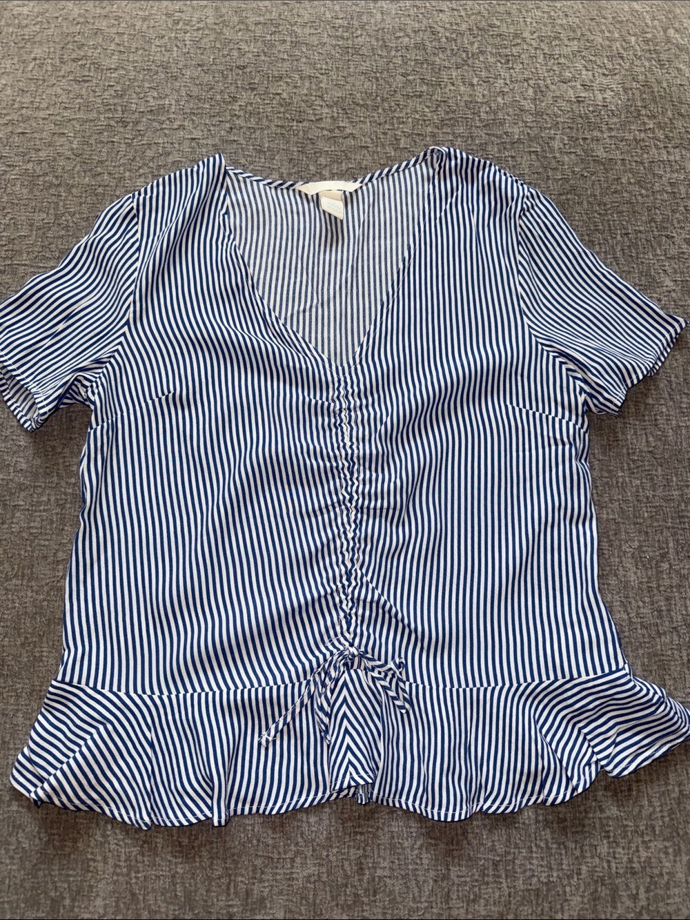 H&M Blue and White Striped Ruched Peplum Blouse